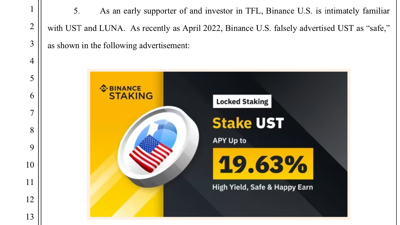 Lawsuit Accuses Binance US of Selling Unregistered Securities, False Advertising Terra's UST as Safe